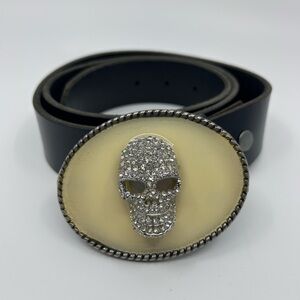 POPSUGAR Black leather Belt with Silver Skull Buckle
